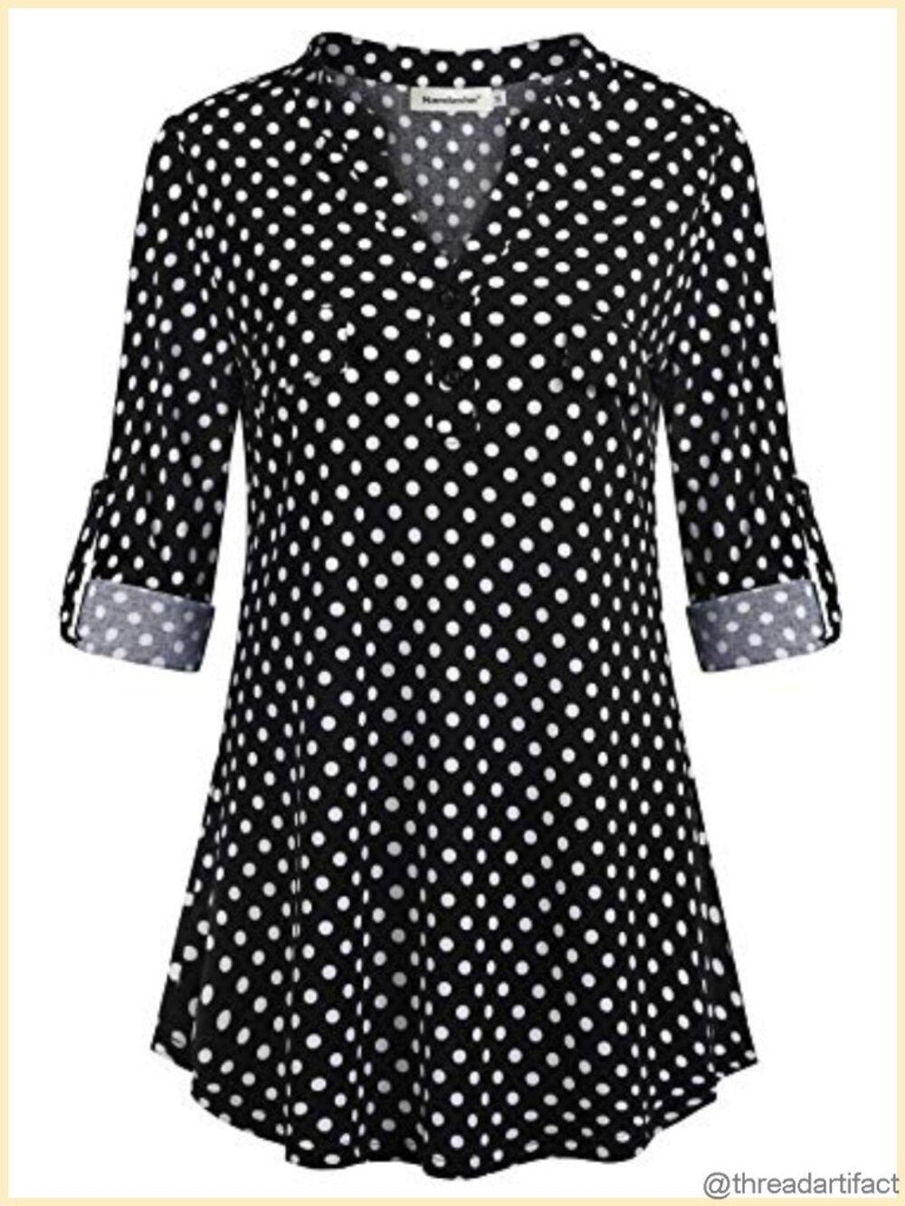 Womens 3/4 Roll Sleeve Tunic Top V Neck Button Down Loose Blouse